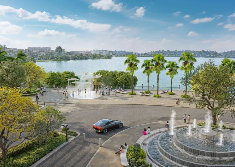 Quảng trường đài phun nước ven hồ tại Palm City