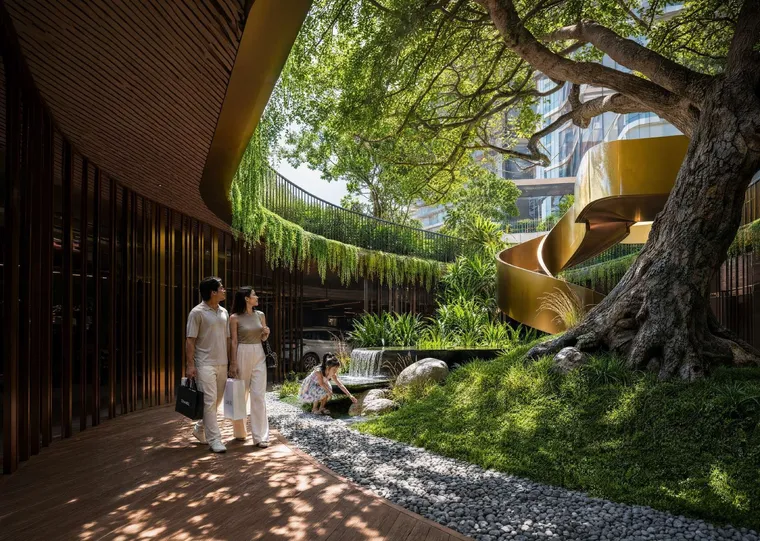 Cổng chào cảnh quan với cầu thang vàng đặc trưng Palm City