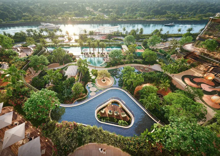 Hồ bơi và tiện ích nội khu Palm City nhìn từ trên cao lúc hoàng hôn