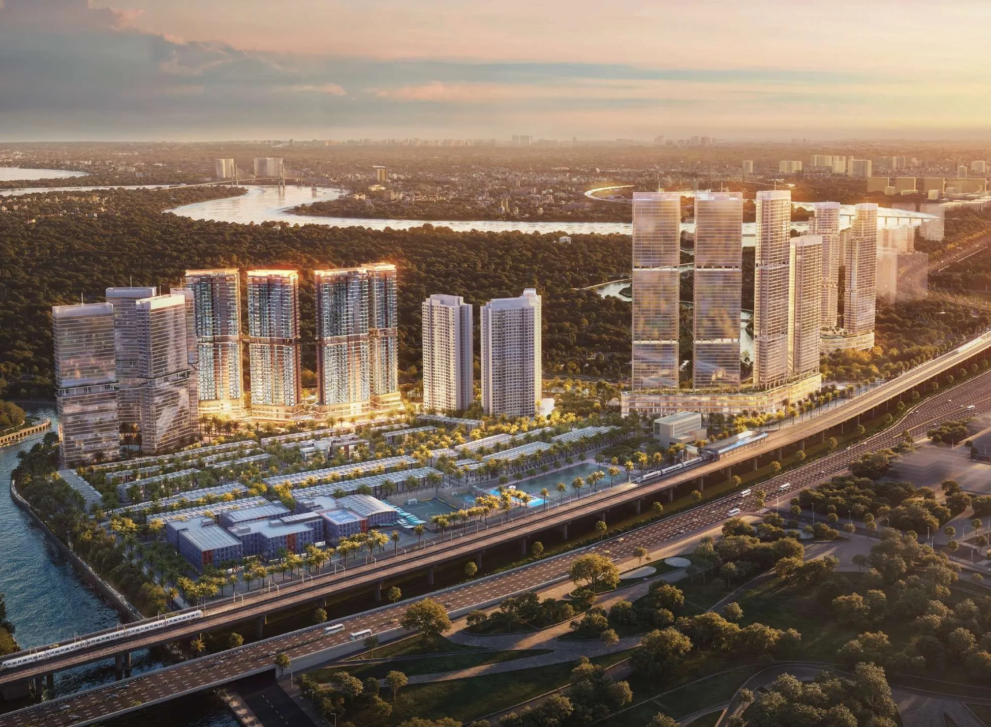 Toàn cảnh khu đô thị Palm City ven sông lúc hoàng hôn